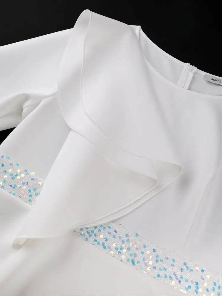 AOMEIDRESS Elegant Sequin Dress O Neck Ruffle Long Sleeves Peplum