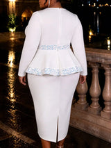 AOMEIDRESS Elegant Sequin Dress O Neck Ruffle Long Sleeves Peplum