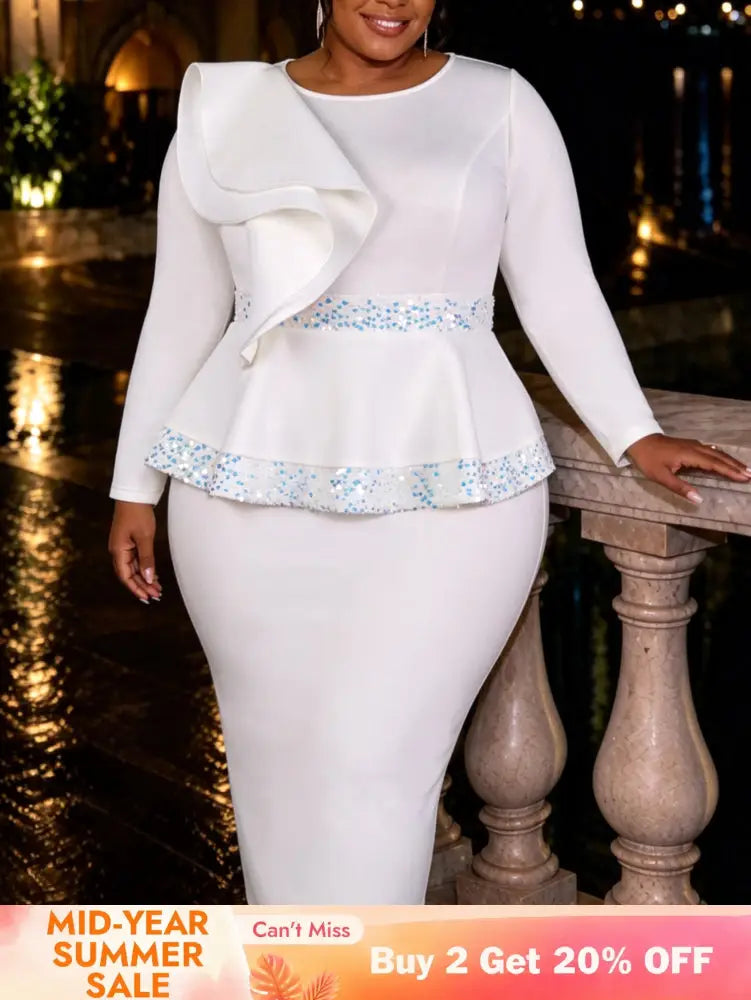 AOMEIDRESS Elegant Sequin Dress O Neck Ruffle Long Sleeves Peplum - White / L