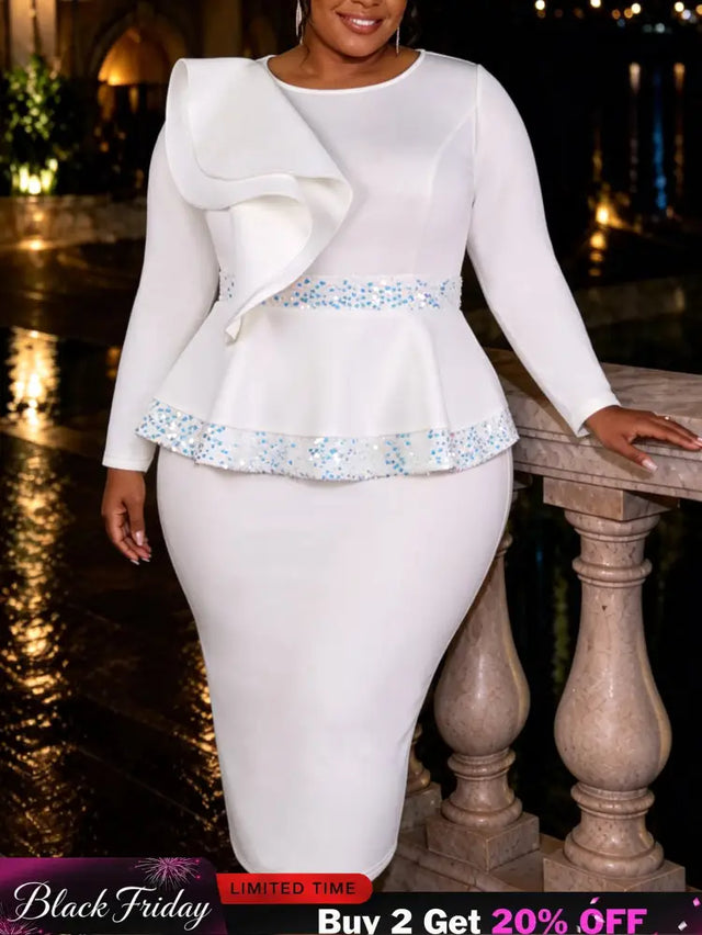 AOMEIDRESS Elegant Sequin Dress O Neck Ruffle Long Sleeves Peplum - White / L