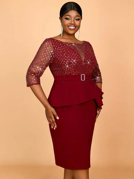 AOMEIDRESS Elegant Sequins Midi Package Hip Peplum Wedding Guest Dress