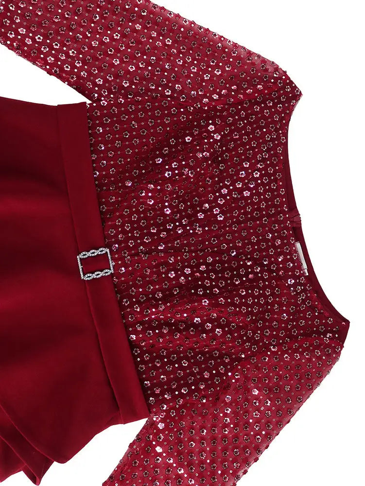 AOMEIDRESS Elegant Sequins Midi Package Hip Peplum Wedding Guest Dress