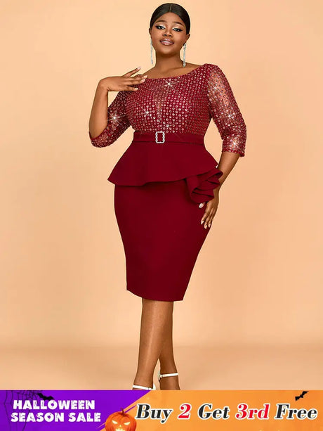 AOMEIDRESS Elegant Sequins Midi Package Hip Peplum Wedding Guest Dress Wine / S