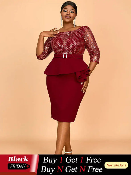 AOMEIDRESS Elegant Sequins Midi Package Hip Peplum Wedding Guest Dress Wine / S