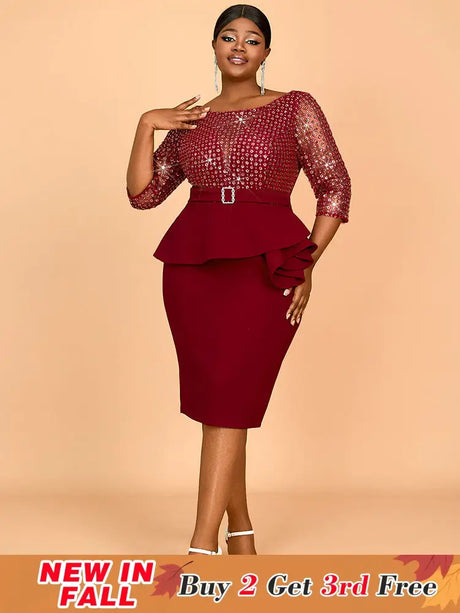 AOMEIDRESS Elegant Sequins Midi Package Hip Peplum Wedding Guest Dress Wine / S