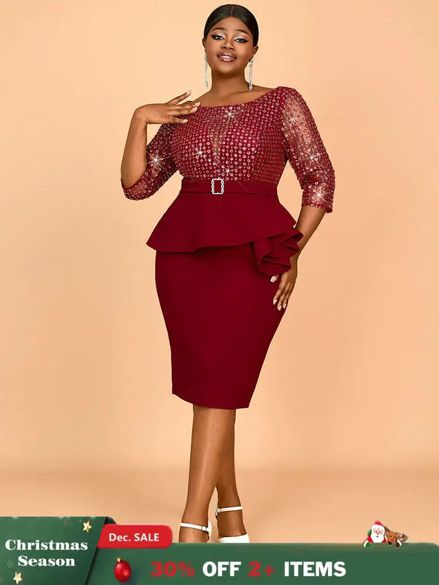 AOMEIDRESS Elegant Sequins Midi Package Hip Peplum Wedding Guest Dress Wine / S