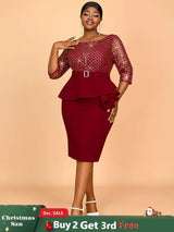 AOMEIDRESS Elegant Sequins Midi Package Hip Peplum Wedding Guest Dress Wine / S