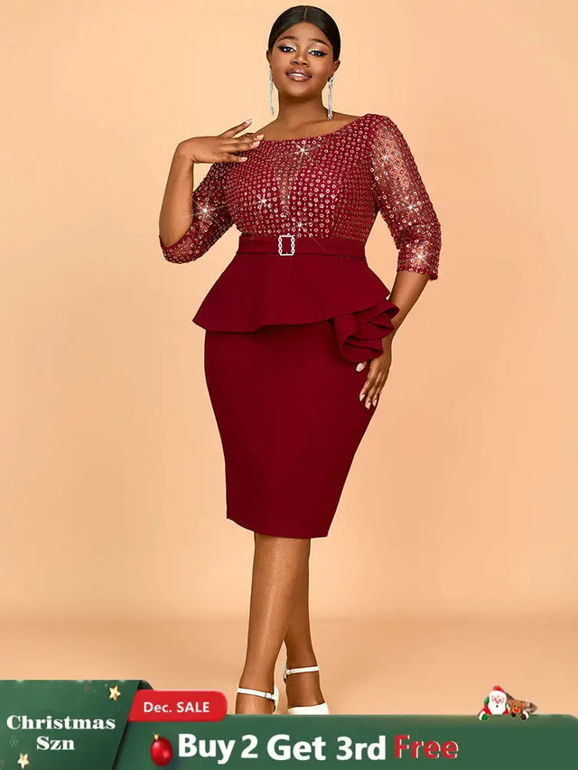 AOMEIDRESS Elegant Sequins Midi Package Hip Peplum Wedding Guest Dress Wine / S