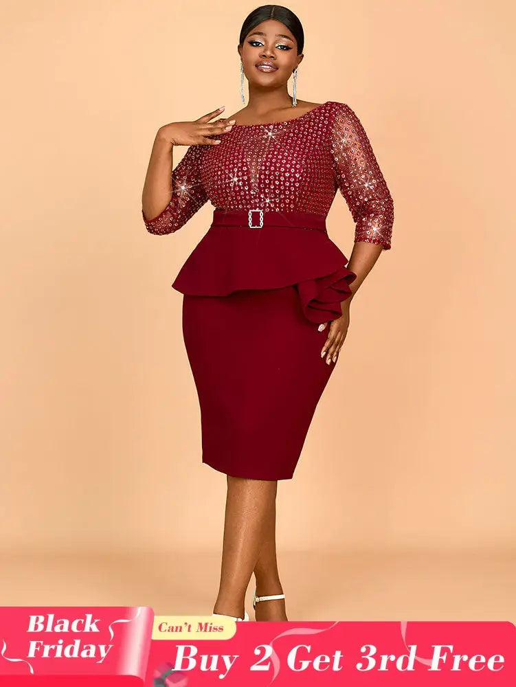 AOMEIDRESS Elegant Sequins Midi Package Hip Peplum Wedding Guest Dress Wine / S