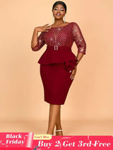 AOMEIDRESS Elegant Sequins Midi Package Hip Peplum Wedding Guest Dress Wine / S