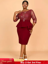AOMEIDRESS Elegant Sequins Midi Package Hip Peplum Wedding Guest Dress Wine / S