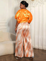 AOMEIDRESS Elegant Set Satin Puff Sleeve Top Wide Leg Pants for Party