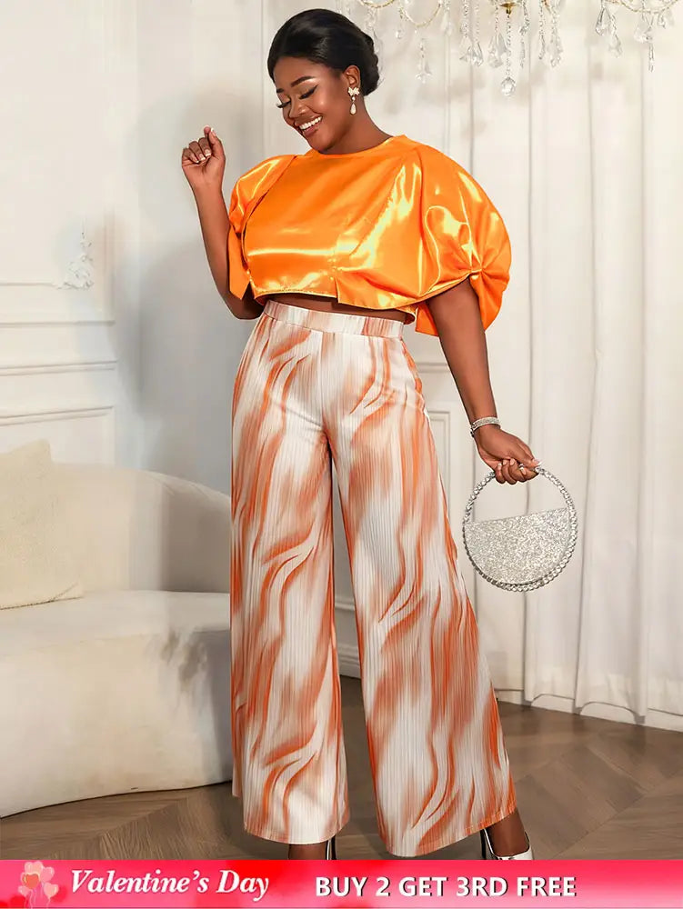 AOMEIDRESS Elegant Set Satin Puff Sleeve Top Wide Leg Pants for Party Orange / L