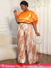 AOMEIDRESS Elegant Set Satin Puff Sleeve Top Wide Leg Pants for Party Orange / L