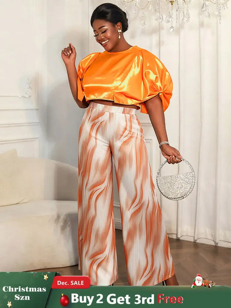 AOMEIDRESS Elegant Set Satin Puff Sleeve Top Wide Leg Pants for Party Orange / L