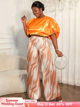 AOMEIDRESS Elegant Set Satin Puff Sleeve Top Wide Leg Pants for Party Orange / L