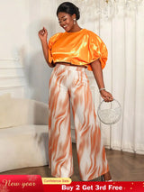 AOMEIDRESS Elegant Set Satin Puff Sleeve Top Wide Leg Pants for Party Orange / L