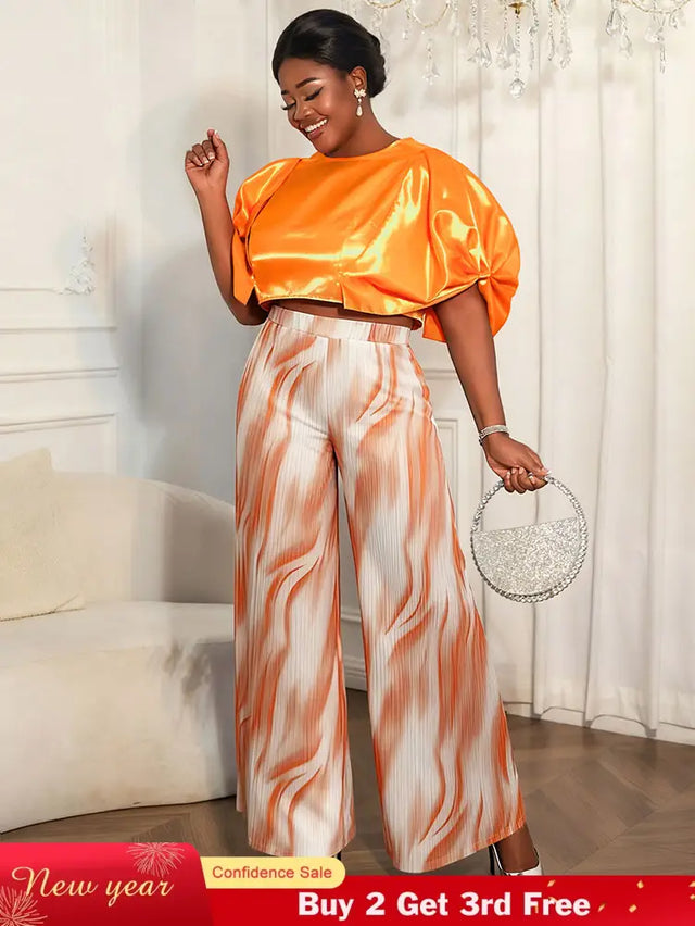 AOMEIDRESS Elegant Set Satin Puff Sleeve Top Wide Leg Pants for Party Orange / L