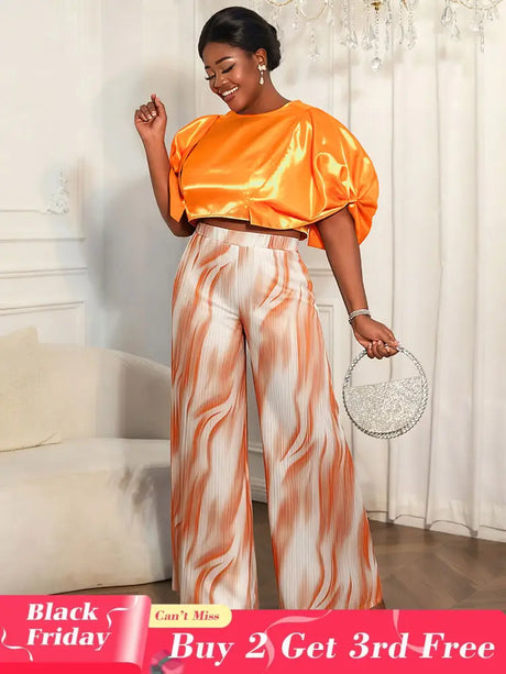 AOMEIDRESS Elegant Set Satin Puff Sleeve Top Wide Leg Pants for Party Orange / L