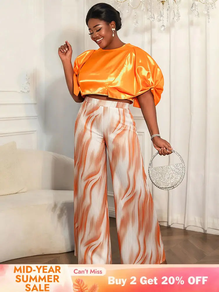 AOMEIDRESS Elegant Set Satin Puff Sleeve Top Wide Leg Pants for Party Orange / L