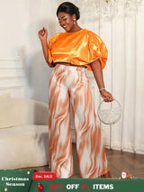 AOMEIDRESS Elegant Set Satin Puff Sleeve Top Wide Leg Pants for Party Orange / L