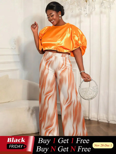 AOMEIDRESS Elegant Set Satin Puff Sleeve Top Wide Leg Pants for Party Orange / L