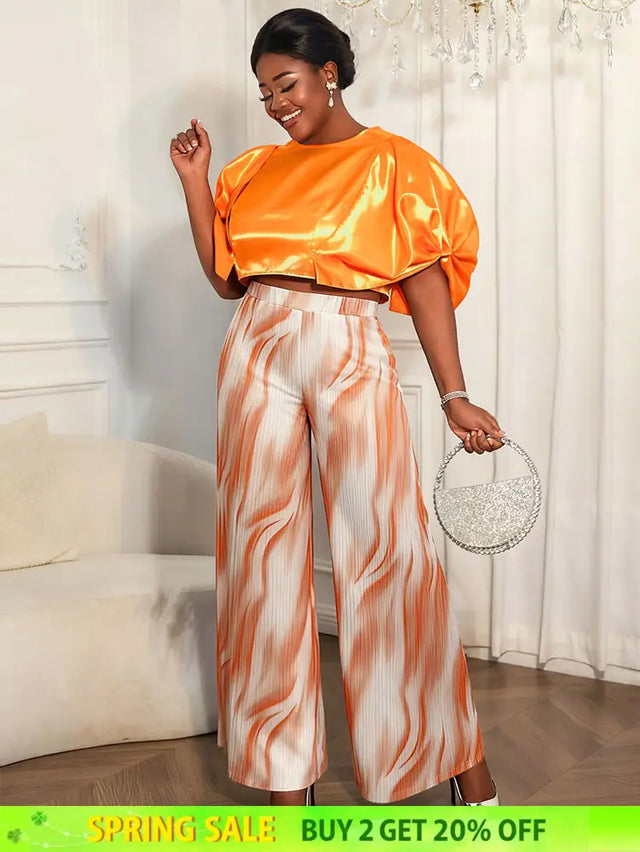 AOMEIDRESS Elegant Set Satin Puff Sleeve Top Wide Leg Pants for Party Orange / L