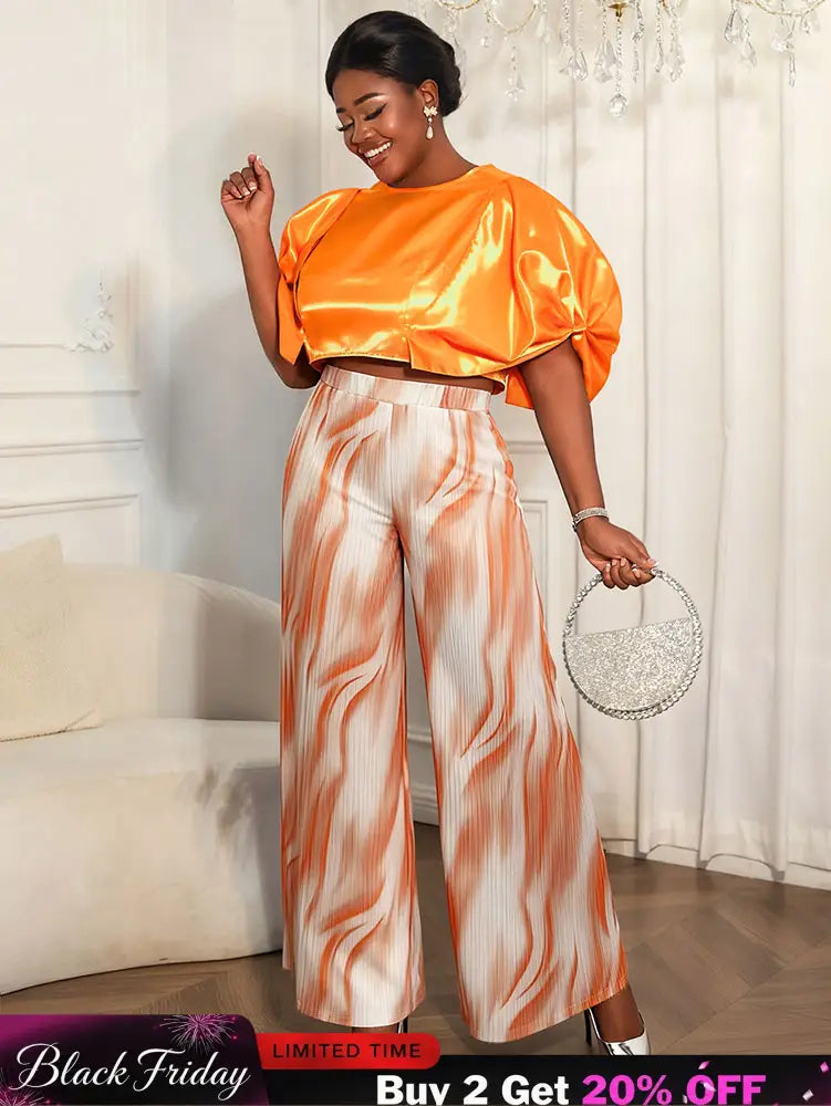 AOMEIDRESS Elegant Set Satin Puff Sleeve Top Wide Leg Pants for Party Orange / L