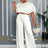 AOMEIDRESS Elegant Set Satin Puff Sleeve Top Wide Leg Pants for Party White / L