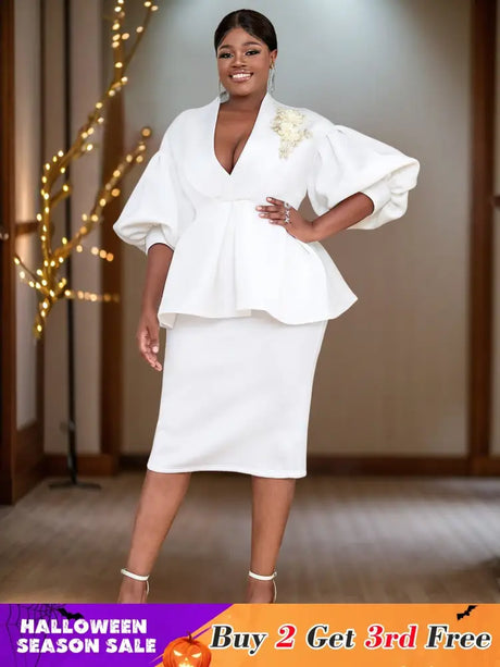 AOMEIDRESS Elegant Sheath Dress for V Neck Lantern Three Quarter Sleeves White / S