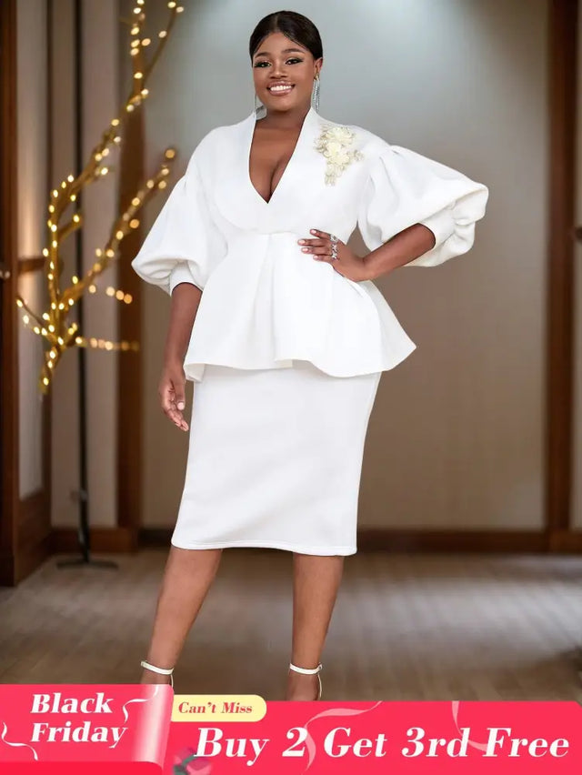 AOMEIDRESS Elegant Sheath Dress for V Neck Lantern Three Quarter Sleeves White / S