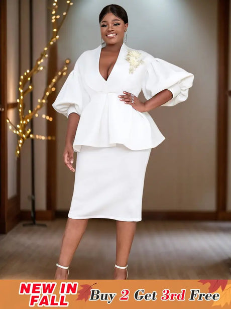 AOMEIDRESS Elegant Sheath Dress for V Neck Lantern Three Quarter Sleeves White / S