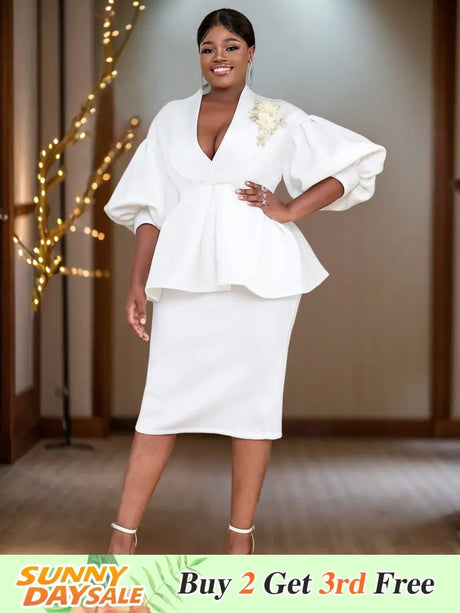 AOMEIDRESS Elegant Sheath Dress for V Neck Lantern Three Quarter Sleeves White / S