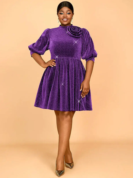 AOMEIDRESS Elegant Shiny A Line Dress for Party Evening 3D Flower