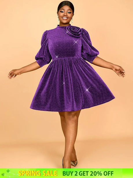 AOMEIDRESS Elegant Shiny A Line Dress for Party Evening 3D Flower Purple / 0XL