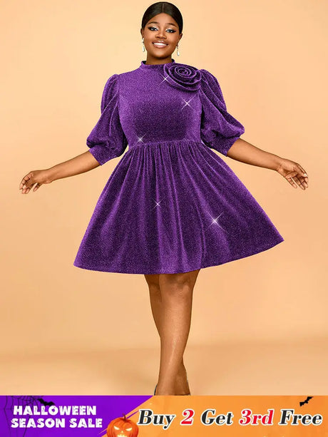 AOMEIDRESS Elegant Shiny A Line Dress for Party Evening 3D Flower Purple / 0XL