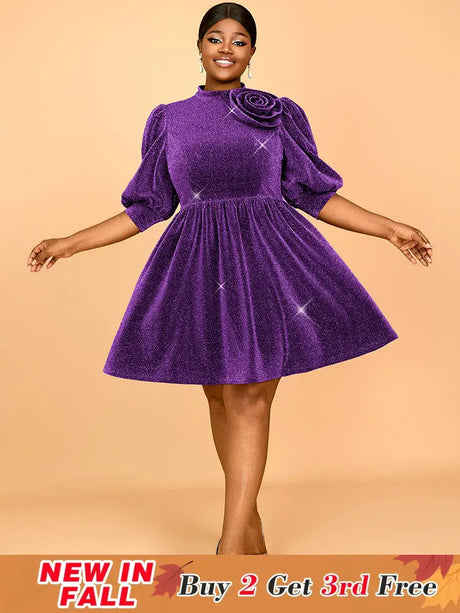 AOMEIDRESS Elegant Shiny A Line Dress for Party Evening 3D Flower Purple / 0XL