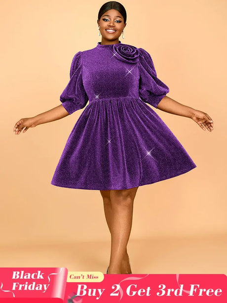 AOMEIDRESS Elegant Shiny A Line Dress for Party Evening 3D Flower Purple / 0XL