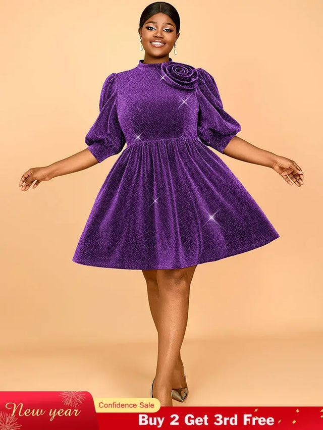 AOMEIDRESS Elegant Shiny A Line Dress for Party Evening 3D Flower Purple / 0XL