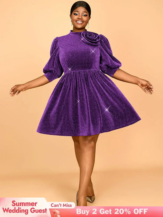AOMEIDRESS Elegant Shiny A Line Dress for Party Evening 3D Flower Purple / 0XL