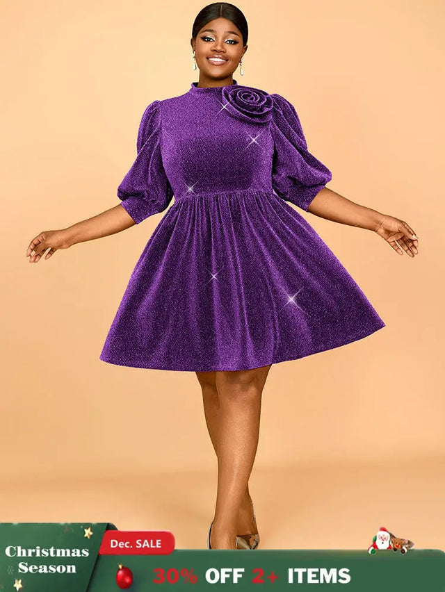 AOMEIDRESS Elegant Shiny A Line Dress for Party Evening 3D Flower Purple / 0XL