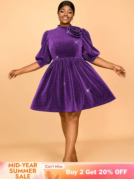 AOMEIDRESS Elegant Shiny A Line Dress for Party Evening 3D Flower Purple / 0XL