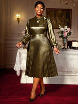 AOMEIDRESS Elegant Shiny Gold Pleated Dress with Bow for Evening Party