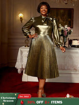 AOMEIDRESS Elegant Shiny Gold Pleated Dress with Bow for Evening Party