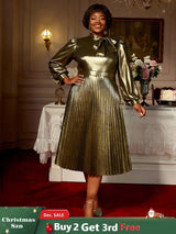 AOMEIDRESS Elegant Shiny Gold Pleated Dress with Bow for Evening Party