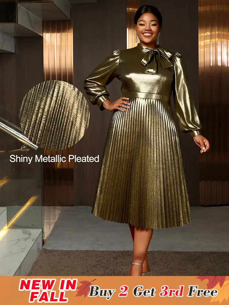 AOMEIDRESS Elegant Shiny Gold Pleated Dress with Bow for Evening Party Gold / S