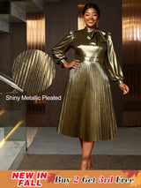 AOMEIDRESS Elegant Shiny Gold Pleated Dress with Bow for Evening Party Gold / S