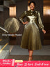 AOMEIDRESS Elegant Shiny Gold Pleated Dress with Bow for Evening Party Gold / S