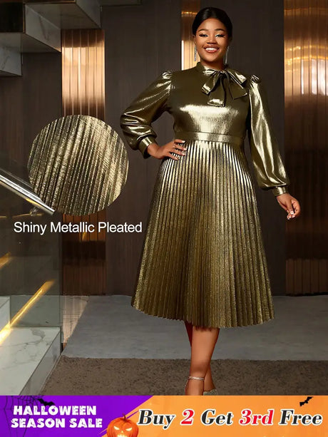 AOMEIDRESS Elegant Shiny Gold Pleated Dress with Bow for Evening Party Gold / S
