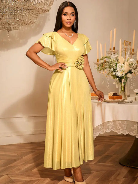 AOMEIDRESS Elegant Shiny Maxi A Line Dress For Wedding Guest 3D Flower